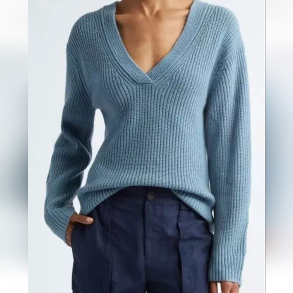 Vince Womens Sweater Sz S Wool-Cashmere Blend Soft Cozy Pull Shaker Stitch Blue - Picture 2 of 10
